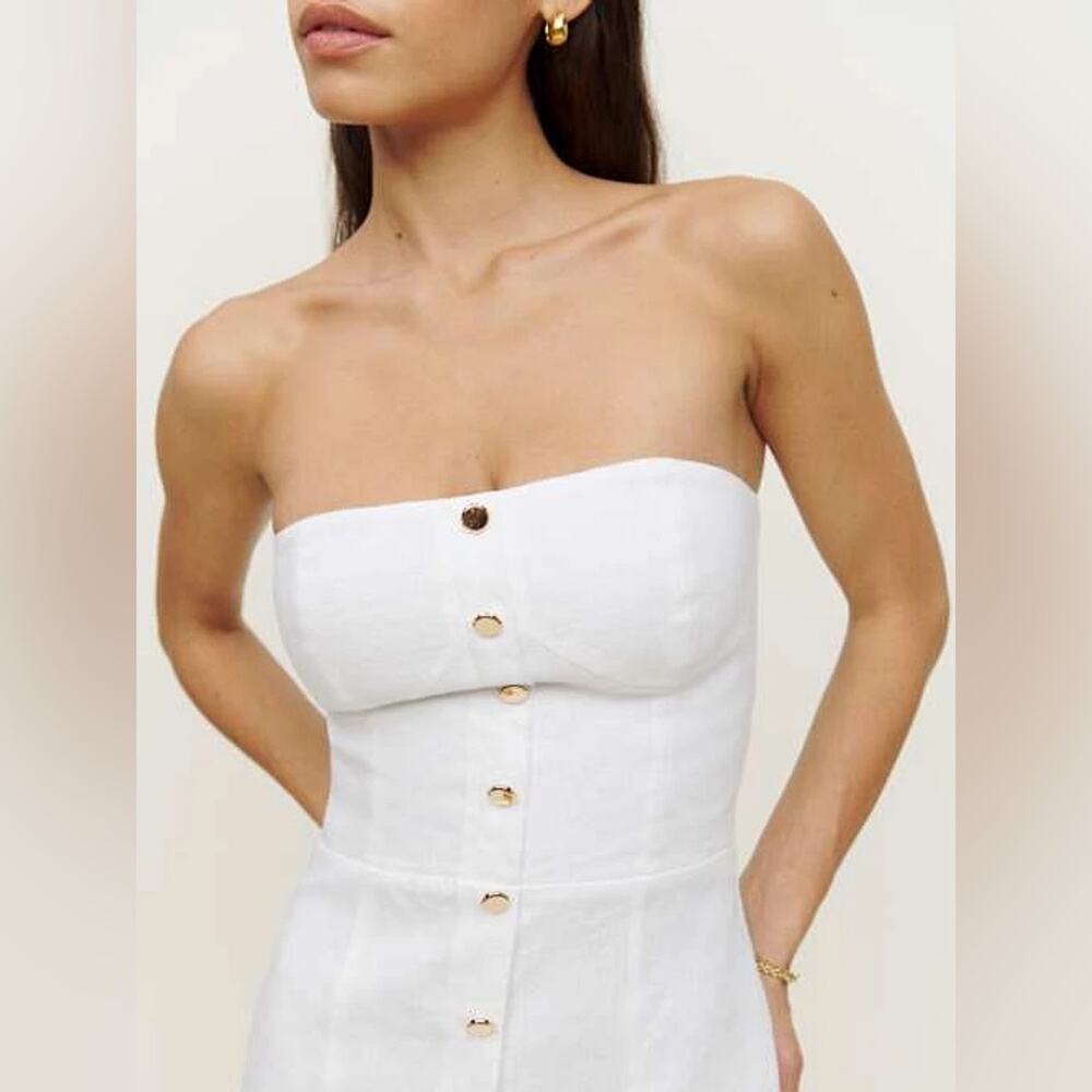 REFORMATION Shiela Linen Dress White Strapless Sheath Mini Gold Button Sz 8 NEW - Picture 2 of 10